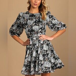 Lulu’s Black Floral Print Puff Sleeve Mini Skater Dress